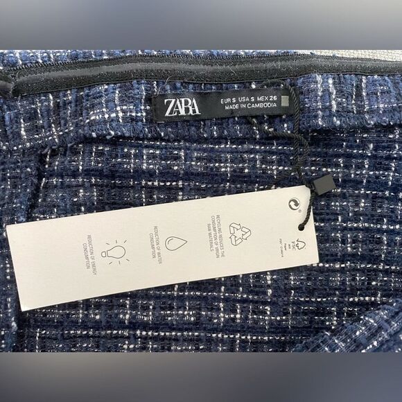 ZARA Navy Tweed Off Shoulder 3/4 Bell Sleeve Cropped Top Blouse Size Small NEW - Picture 8 of 10